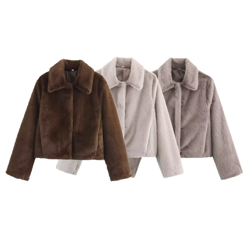 Damen Boxy-Faux-Fur-Kurzjacke mit klassischem Hemdkragen und samtigem Futter Nord Taschen