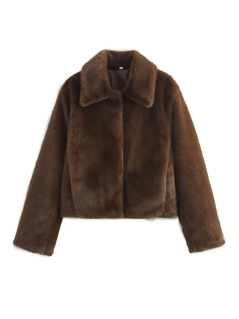 Damen Boxy-Faux-Fur-Kurzjacke mit klassischem Hemdkragen und samtigem Futter Nord Taschen