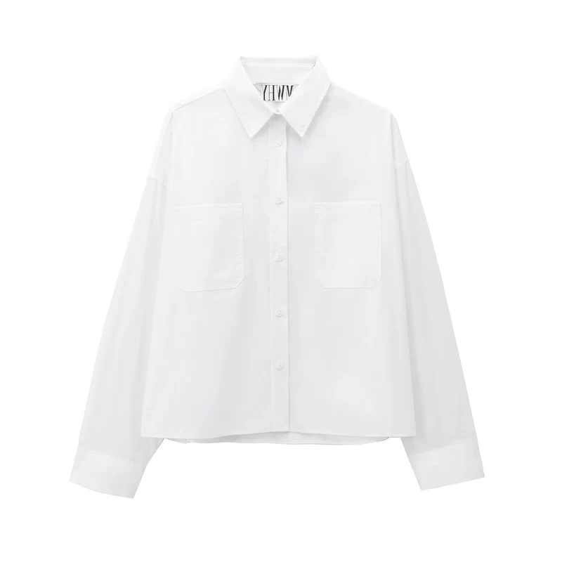 Damen Boxy-Cropped-Hemdjacke mit aufgesetzten Brusttaschen Nord Taschen