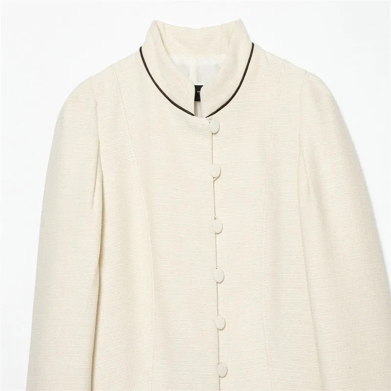 Damen Bouclé-Tweed Kurzjacke mit Stehkragen, taillierter Schnitt und Kontrastpaspel Nord Taschen