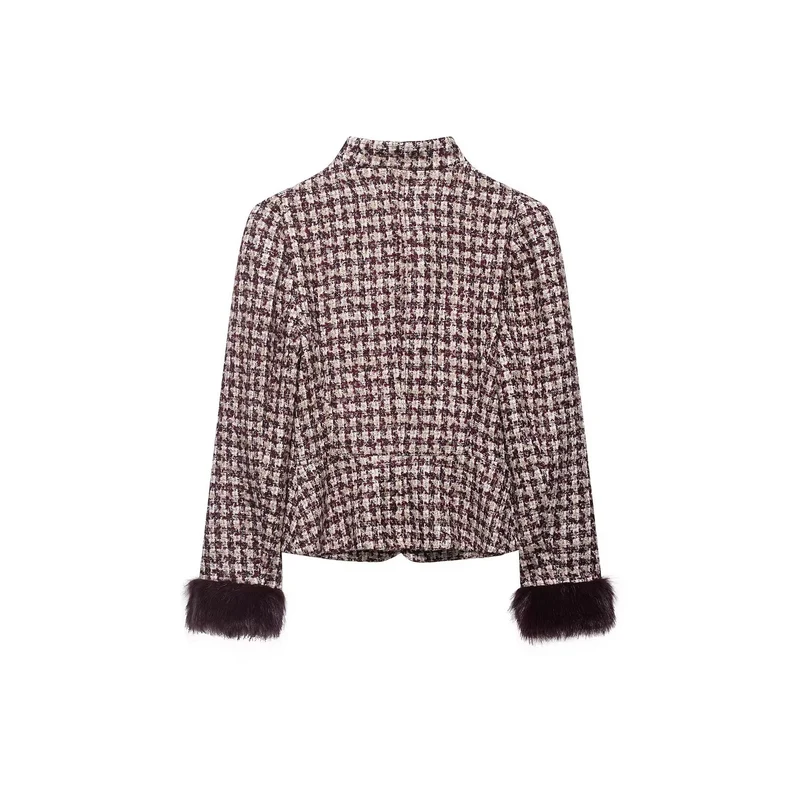 Damen Bouclé-Tweed Jacke mit Stehkragen und Kunstpelzmanschetten Nord Taschen