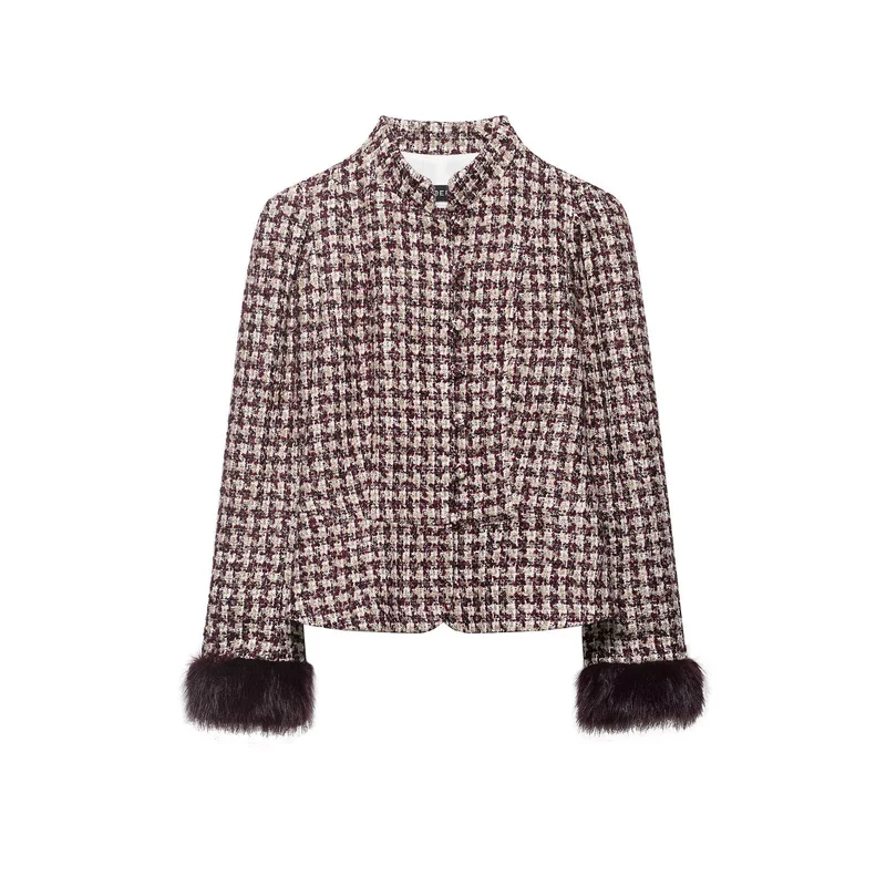 Damen Bouclé-Tweed Jacke mit Stehkragen und Kunstpelzmanschetten Nord Taschen