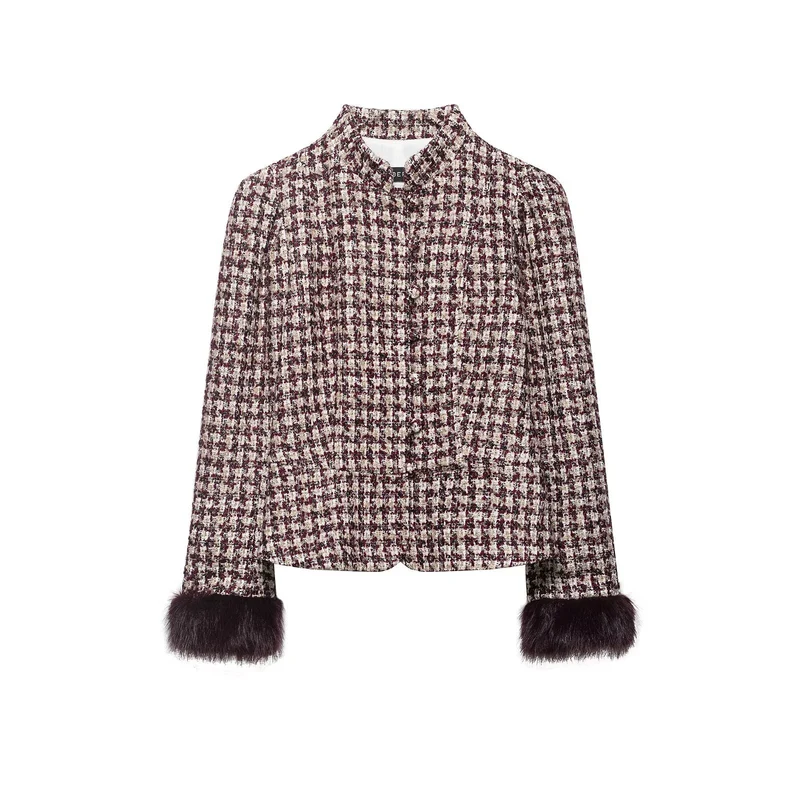 Damen Bouclé-Tweed Jacke mit Stehkragen und Kunstpelzmanschetten Nord Taschen