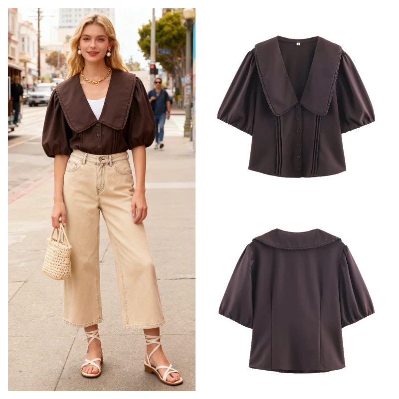 Damen Bluse mit übergroßem Matrosenkragen, Puffärmeln und Kellerfalten Nord Taschen