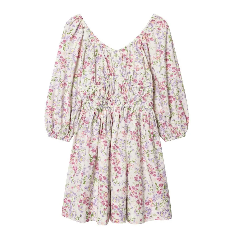 Damen Blumenkleid mit Smok-Taillierung und voluminösen Puffärmeln Nord Taschen