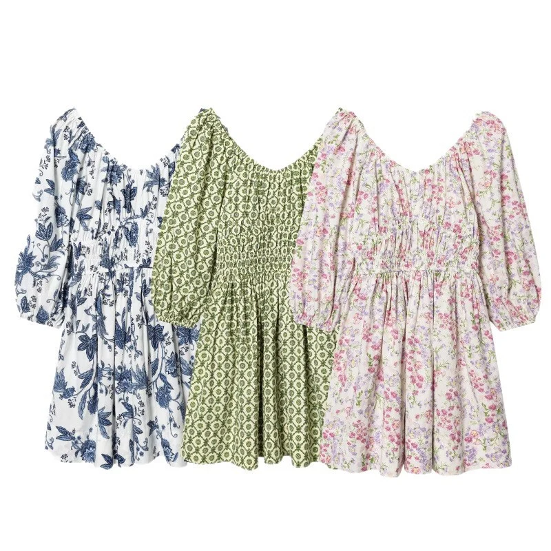 Damen Blumenkleid mit Smok-Taillierung und voluminösen Puffärmeln Nord Taschen