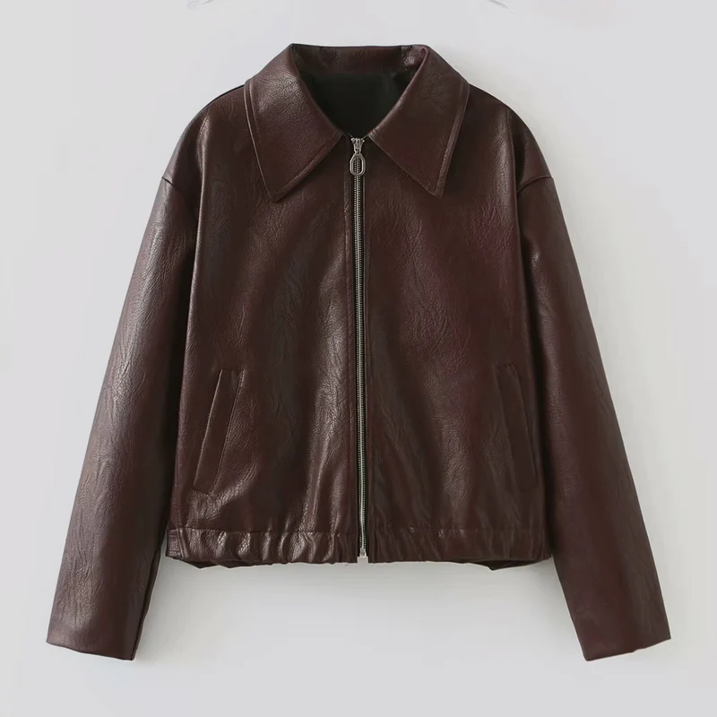 Damen Kurze Oversized-Lederoptik-Jacke mit Reißverschluss, Hembund und Kentkragen Nord Taschen