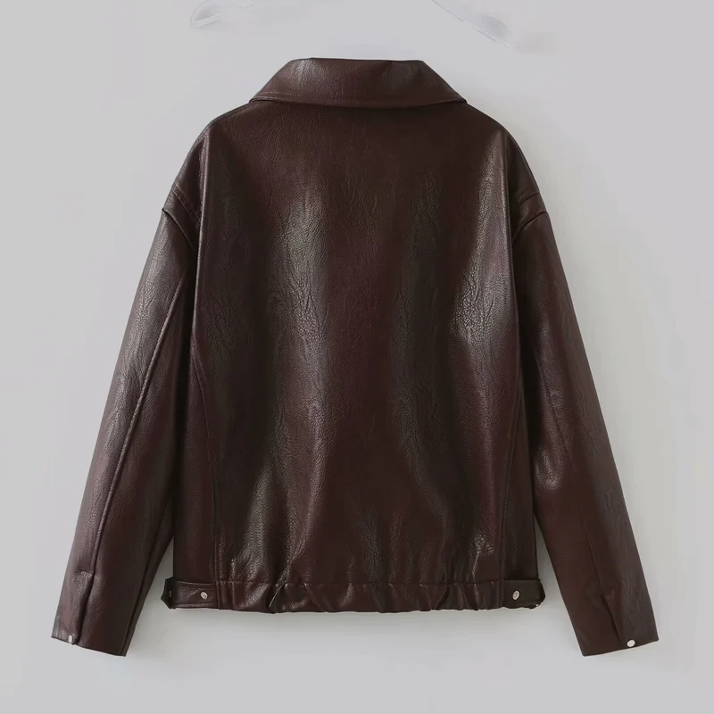 Damen Kurze Oversized-Lederoptik-Jacke mit Reißverschluss, Hembund und Kentkragen Nord Taschen
