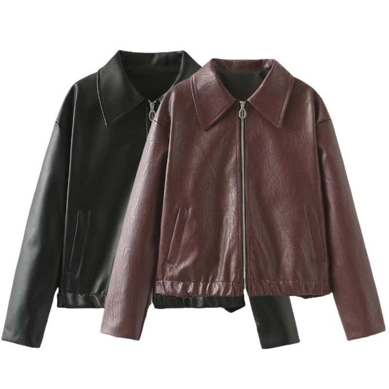 Damen Kurze Oversized-Lederoptik-Jacke mit Reißverschluss, Hembund und Kentkragen Nord Taschen