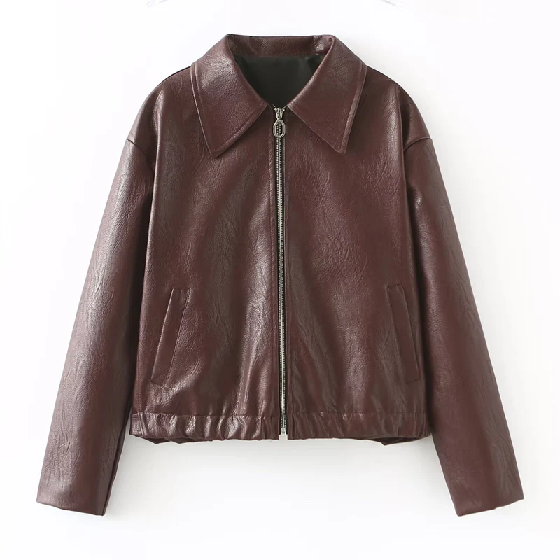 Damen Kurze Oversized-Lederoptik-Jacke mit Reißverschluss, Hembund und Kentkragen Nord Taschen