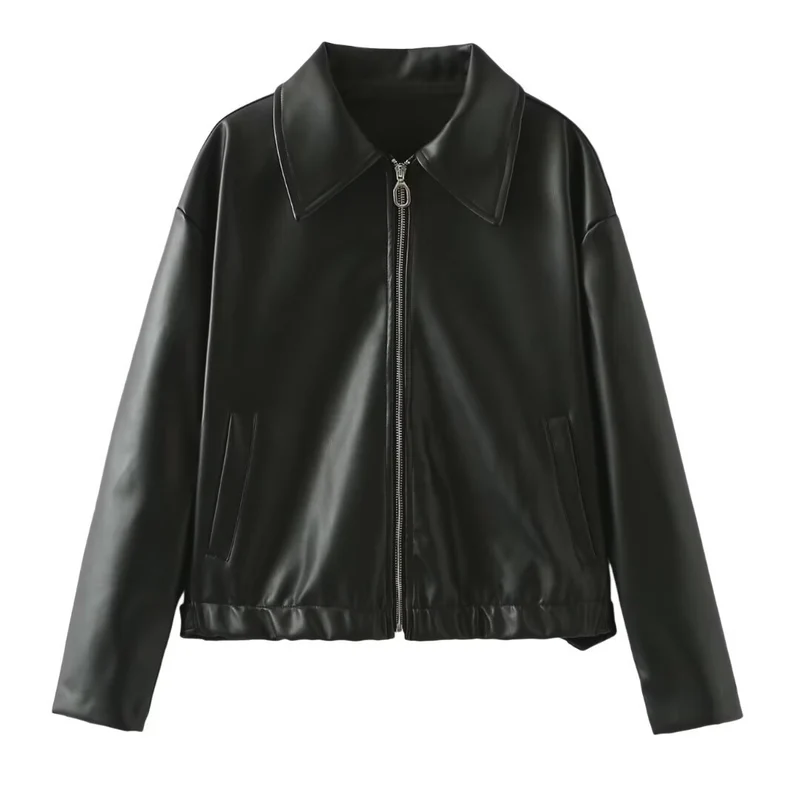 Damen Kurze Oversized-Lederoptik-Jacke mit Reißverschluss, Hembund und Kentkragen Nord Taschen