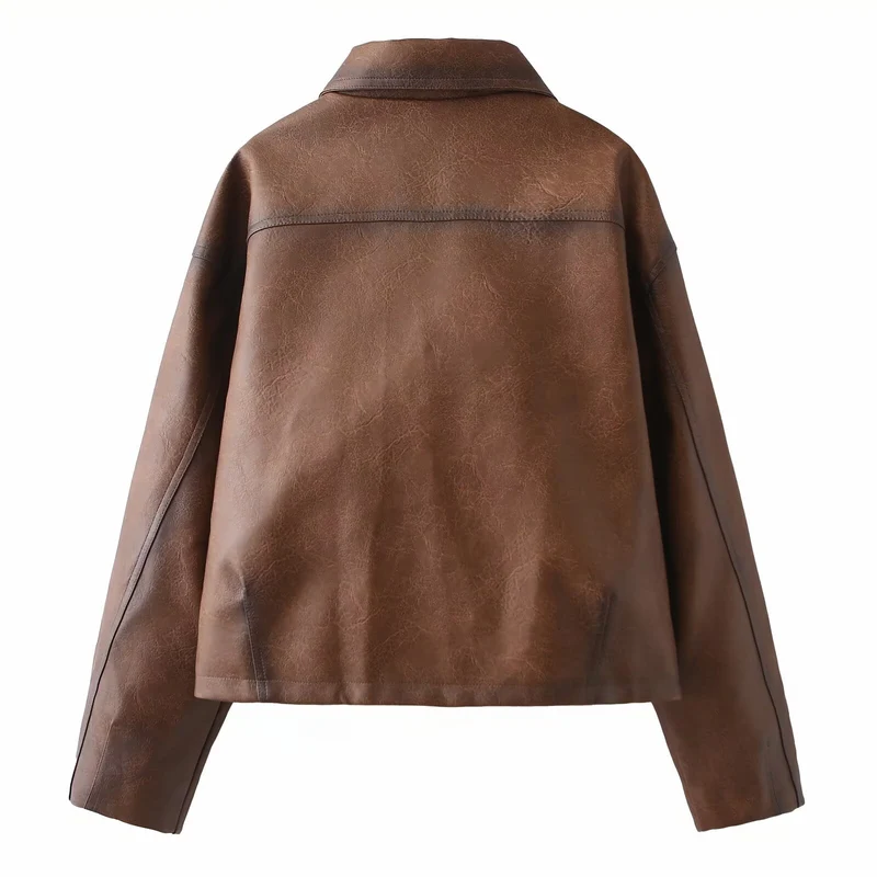 Damen Kurze Oversize-Lederimitatjacke mit Hemdkragen und aufgesetzten Pattentaschen Nord Taschen