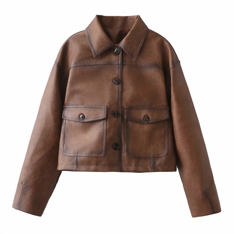 Damen Kurze Oversize-Lederimitatjacke mit Hemdkragen und aufgesetzten Pattentaschen Nord Taschen