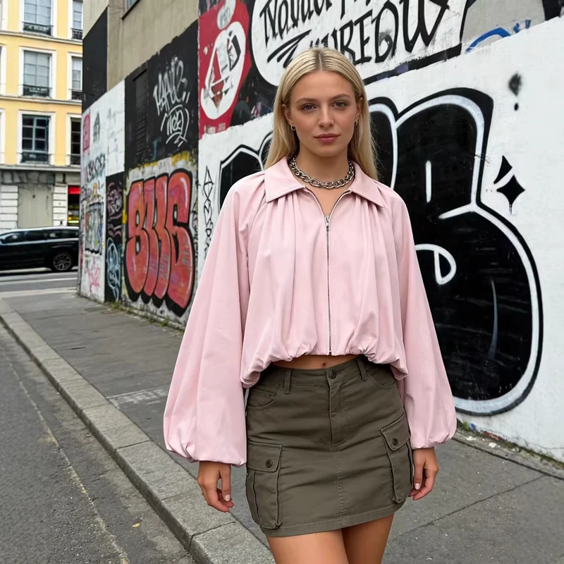 Damen Kurze Oversize-Bomberjacke mit Volumenärmeln und Gummizug Nord Taschen