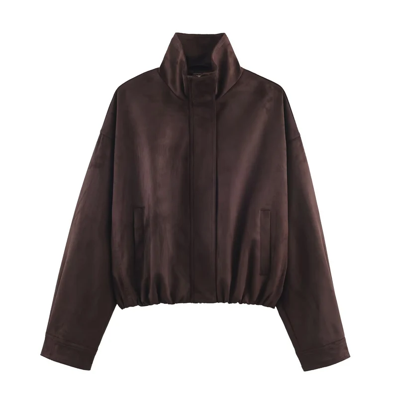Damen Kurze Oversize-Bomberjacke aus Wildlederoptik mit Stehkragen und elastischem Saum Nord Taschen