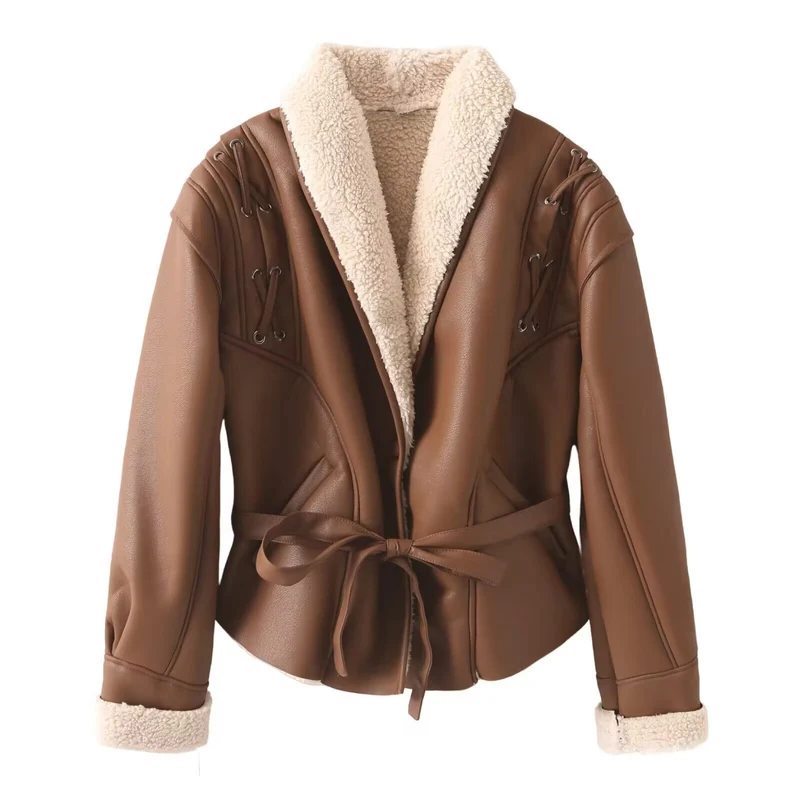 Damen Kurze Kunstlederjacke mit Teddyfutter, Schalkragen und Taillengürtel Nord Taschen