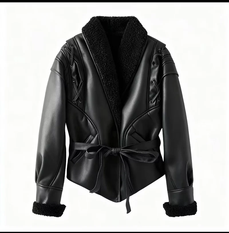 Damen Kurze Kunstlederjacke mit Teddyfutter, Schalkragen und Taillengürtel Nord Taschen