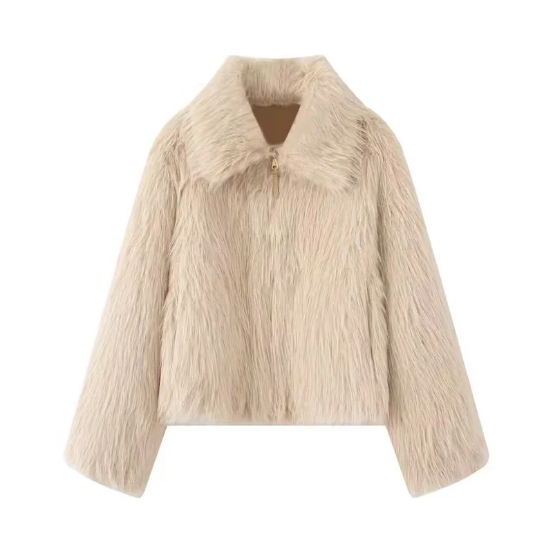 Damen Kurze Kunstfell-Croppedjacke mit voluminösem Schalkragen und Frontreißverschluss Nord Taschen