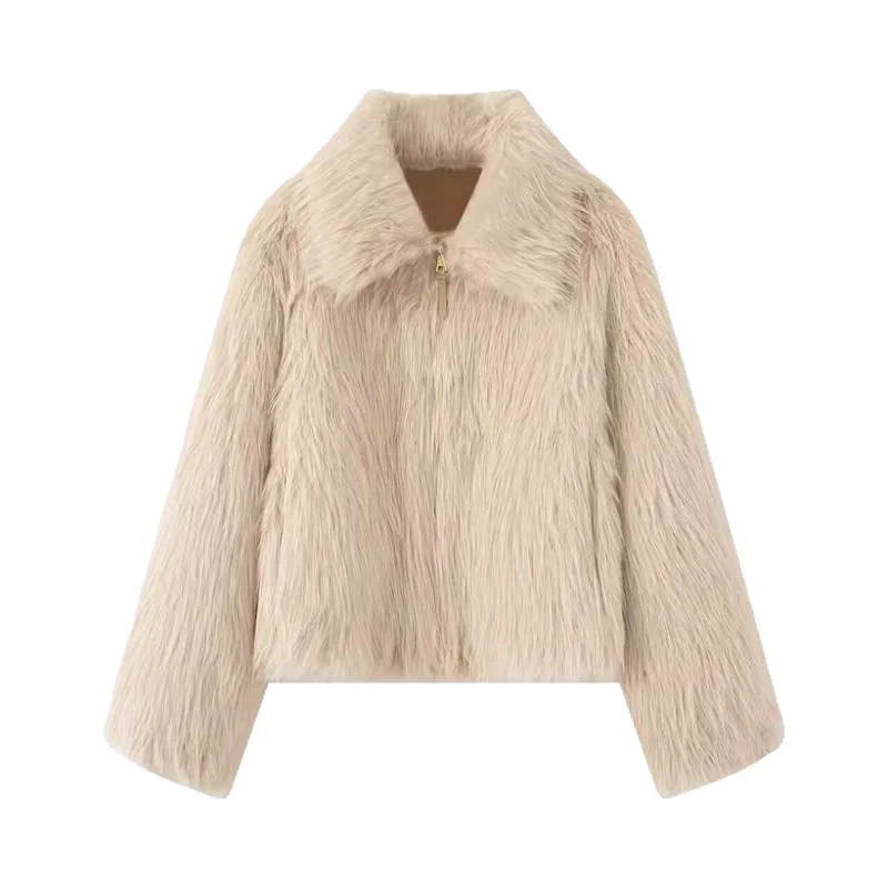 Damen Kurze Kunstfell-Croppedjacke mit voluminösem Schalkragen und Frontreißverschluss Nord Taschen