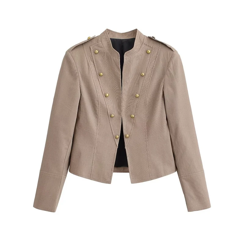 Damen Militärisch inspirierte taillierte Kurzjacke mit Stehkragen und Zierknopfleiste Nord Taschen
