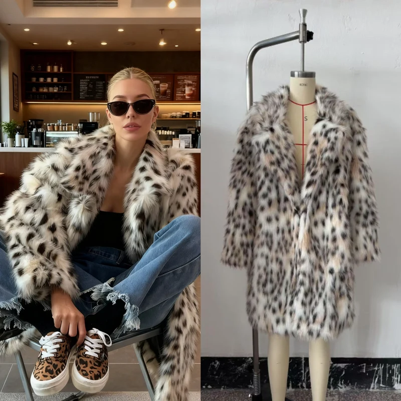 Damen Midimantel aus Kunstfell mit Leoparden‑Print, oversized Schnitt und Schalkragen Nord Taschen
