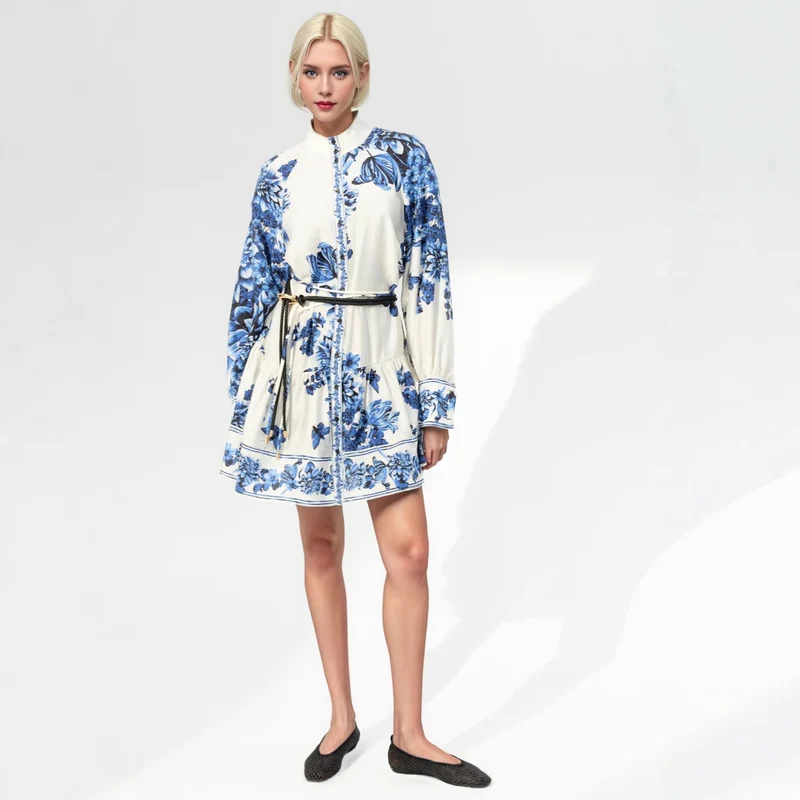 Damen Midikleid mit Stehkragen, durchgehender Knopfleiste und Taillenzug Nord Taschen