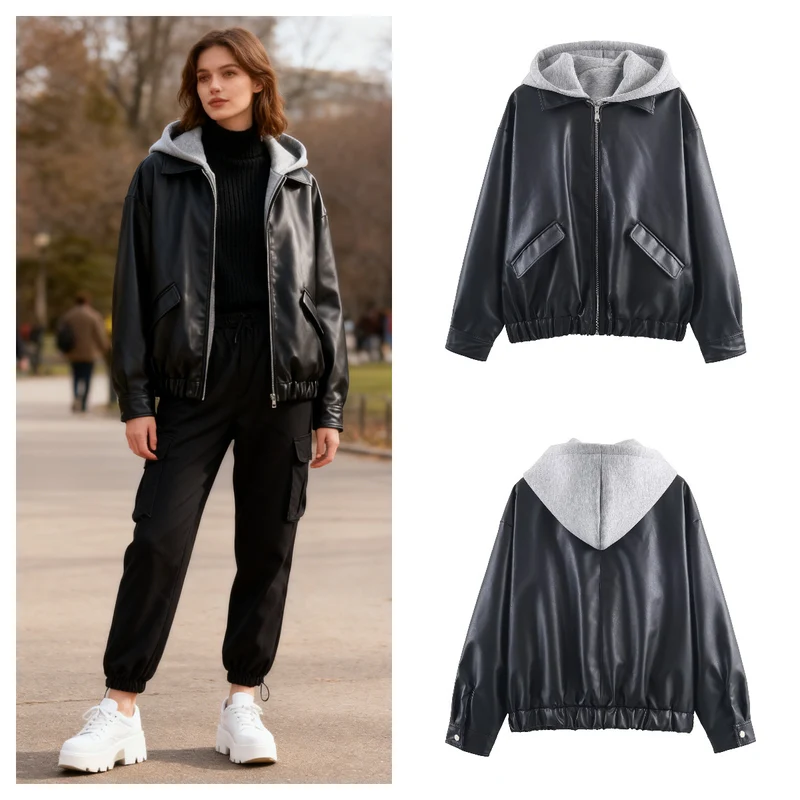 Damen Kunstleder-Bomberjacke mit abgesetzter Kapuze im Sweatstyle und elastischem Saum Nord Taschen