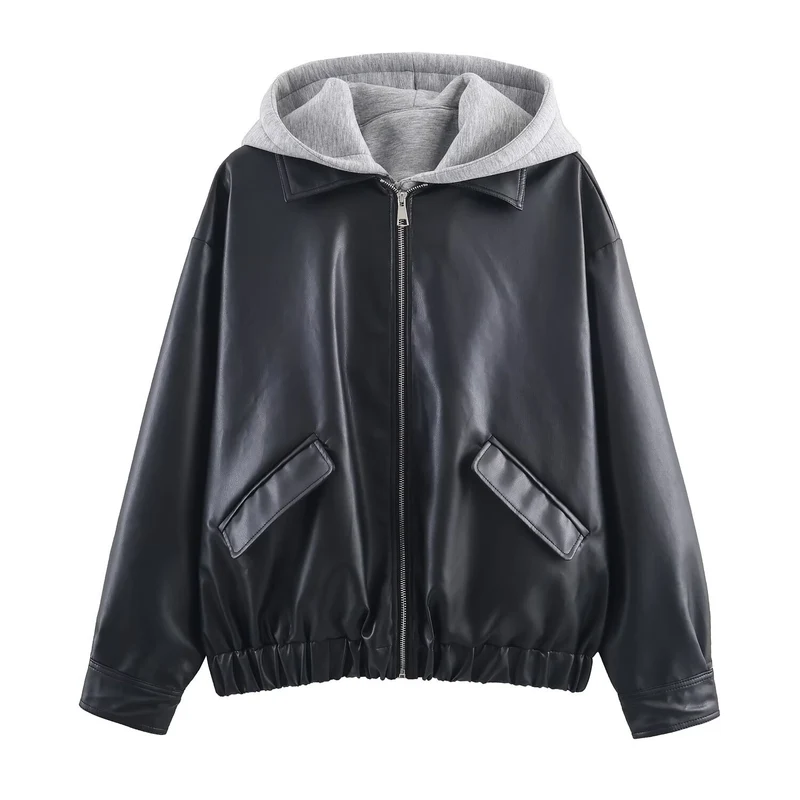 Damen Kunstleder-Bomberjacke mit abgesetzter Kapuze im Sweatstyle und elastischem Saum Nord Taschen