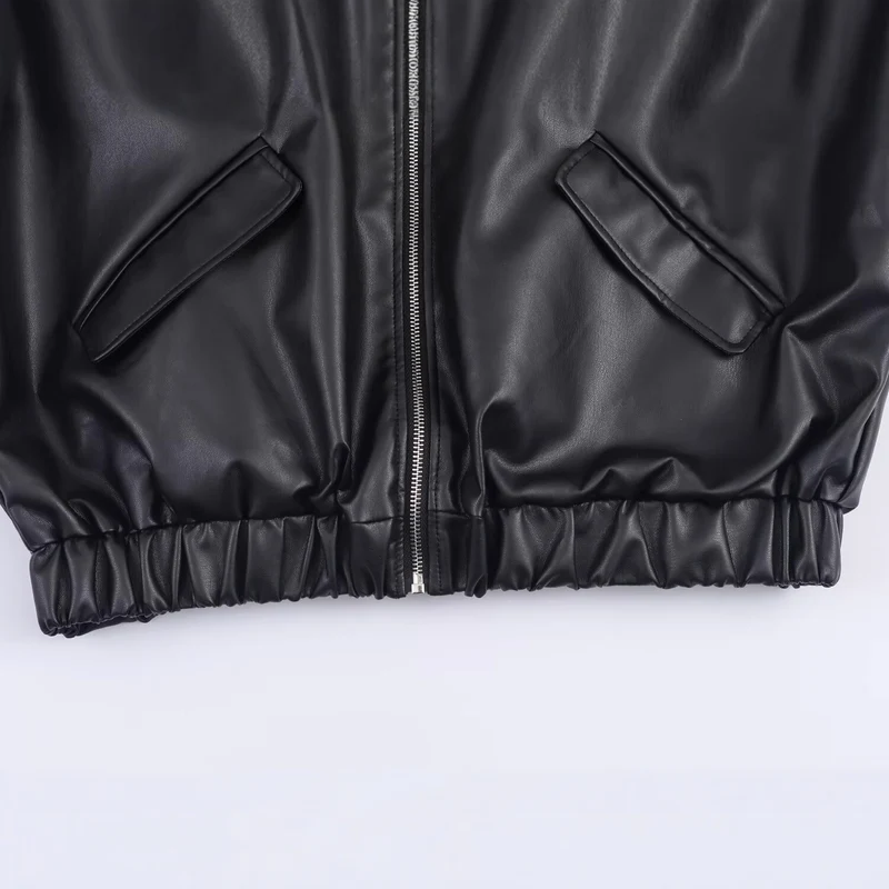 Damen Kunstleder-Bomberjacke mit abgesetzter Kapuze im Sweatstyle und elastischem Saum Nord Taschen