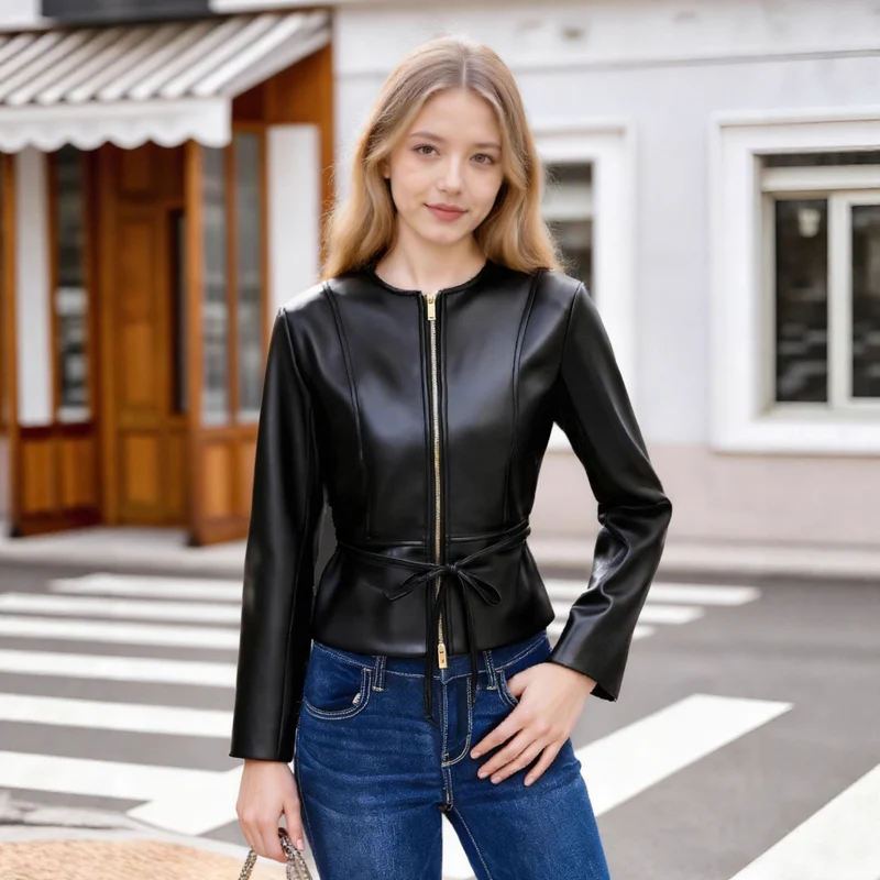 Damen Kollierlose Kunstlederjacke mit Reißverschluss und Taillenband Nord Taschen