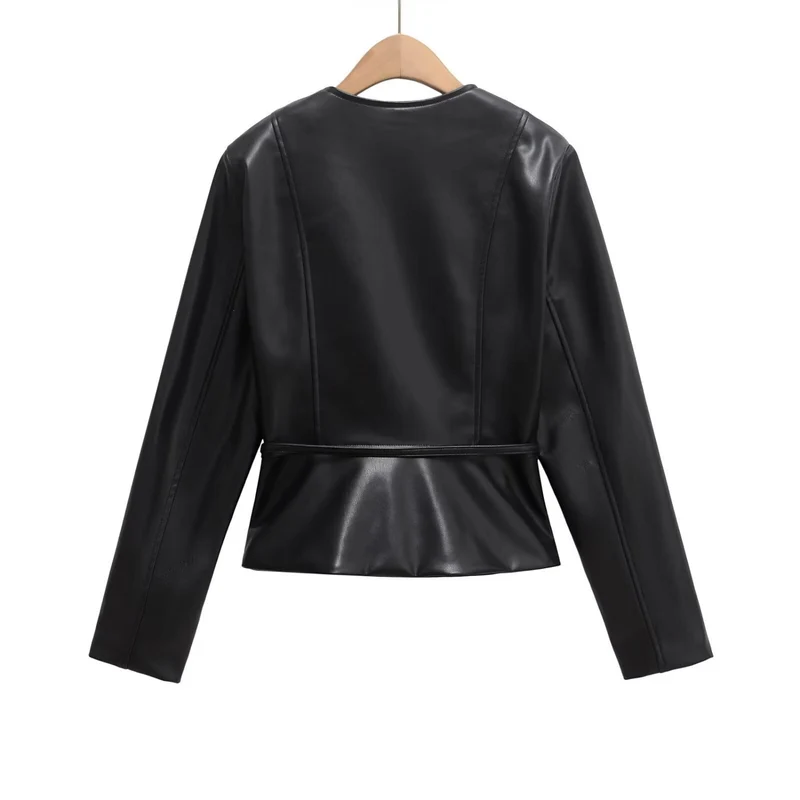 Damen Kollierlose Kunstlederjacke mit Reißverschluss und Taillenband Nord Taschen
