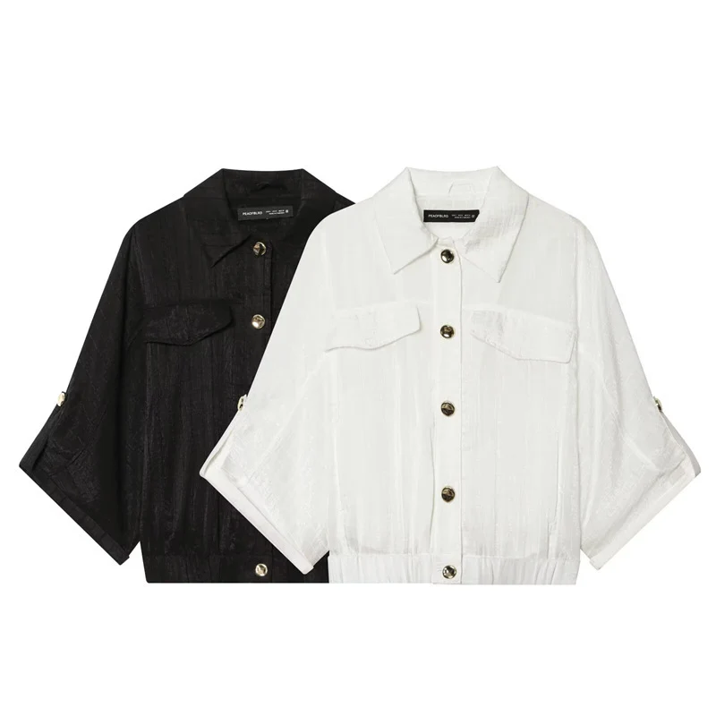 Damen kastige Overshirt-Jacke taillenkurz mit 3/4-Ärmeln und goldknöpfen Nord Taschen