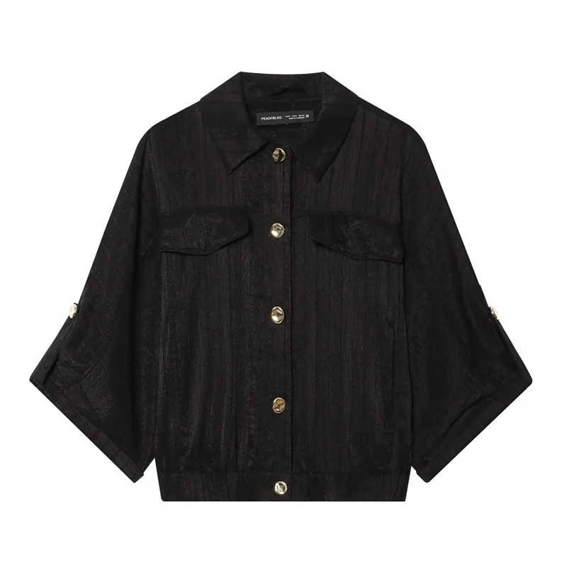 Damen kastige Overshirt-Jacke taillenkurz mit 3/4-Ärmeln und goldknöpfen Nord Taschen