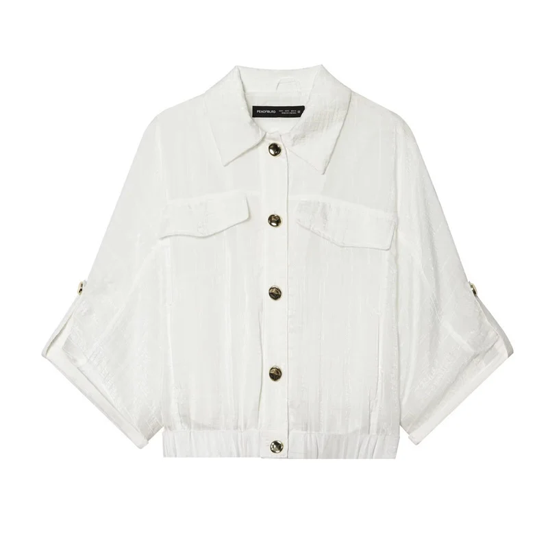 Damen kastige Overshirt-Jacke taillenkurz mit 3/4-Ärmeln und goldknöpfen Nord Taschen