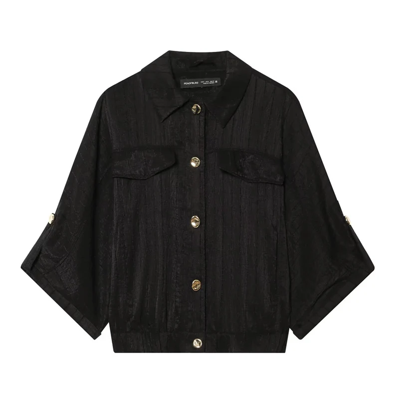 Damen kastige Overshirt-Jacke taillenkurz mit 3/4-Ärmeln und goldknöpfen Nord Taschen