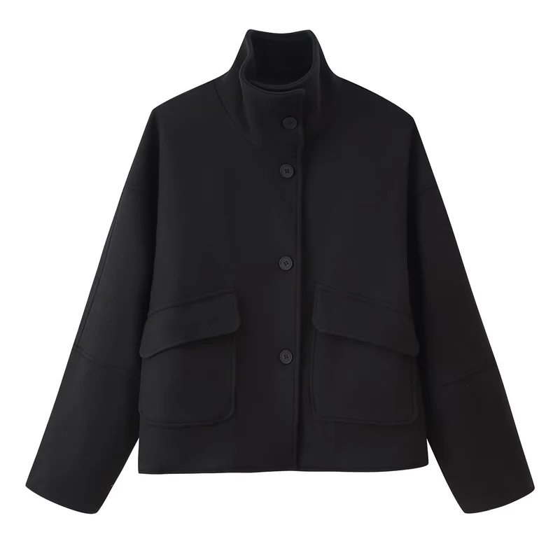 Damen Kastige Kurzjacke aus Wollmix mit Stehkragen und aufgesetzten Pattentaschen Nord Taschen