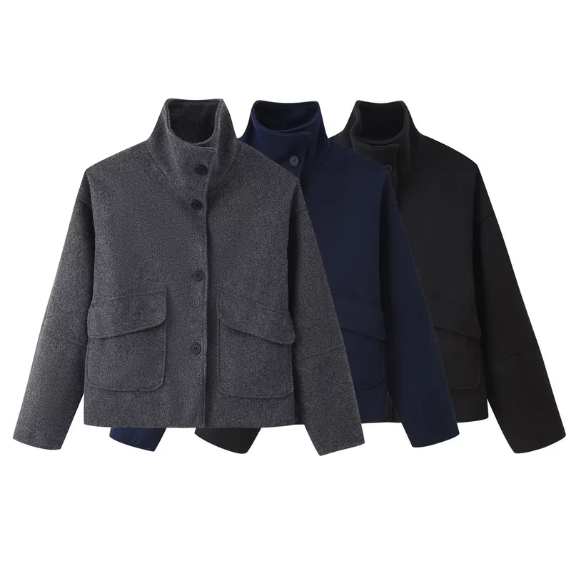 Damen Kastige Kurzjacke aus Wollmix mit Stehkragen und aufgesetzten Pattentaschen Nord Taschen