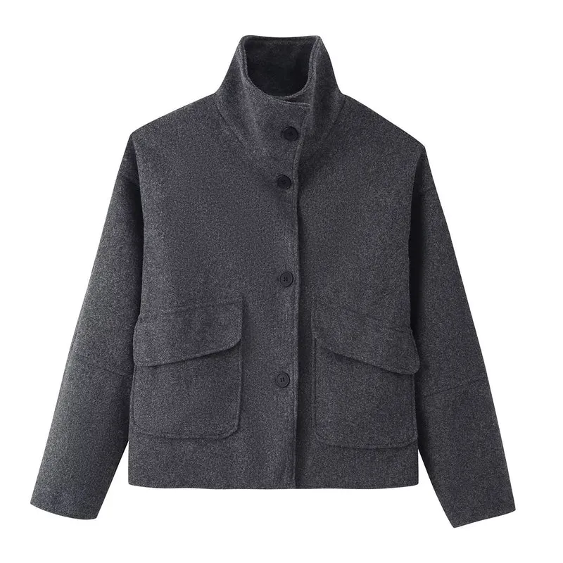 Damen Kastige Kurzjacke aus Wollmix mit Stehkragen und aufgesetzten Pattentaschen Nord Taschen