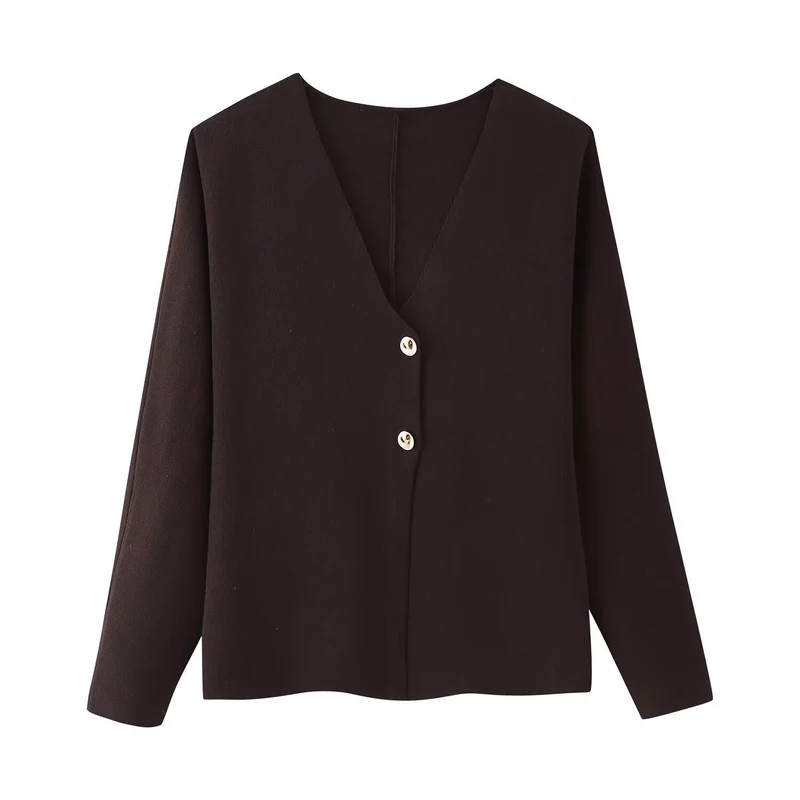 Damen Kastige Feinstrick-Jacke mit tiefem V-Ausschnitt und goldenen Zierknöpfen Nord Taschen