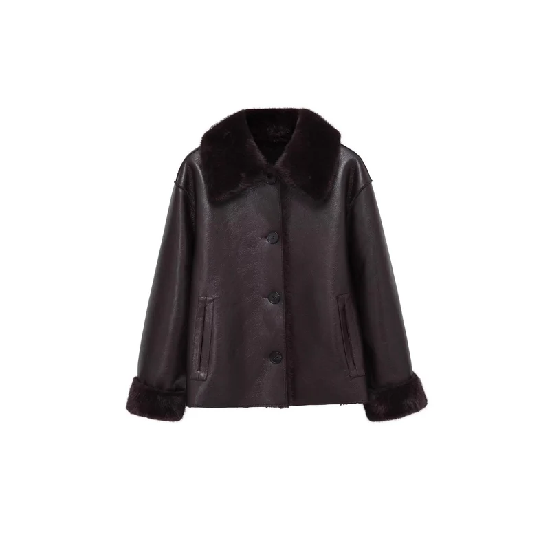 Damen Kastige Fauxleder-Jacke mit Kunstfellkragen, Lammfellimitat‑Futter und Knopfverschluss Nord Taschen
