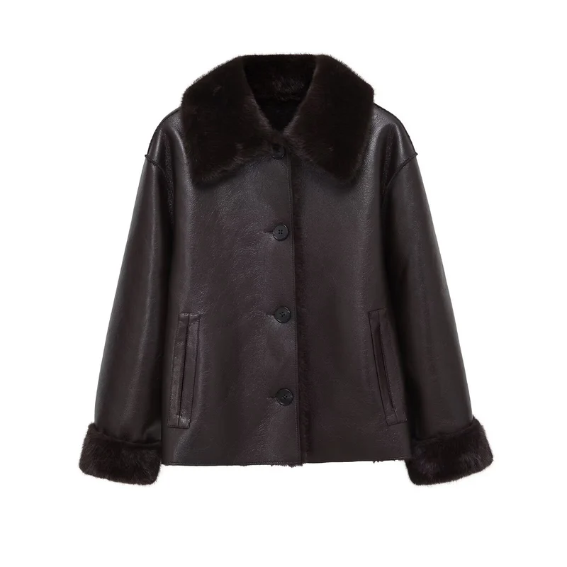 Damen Kastige Fauxleder-Jacke mit Kunstfellkragen, Lammfellimitat‑Futter und Knopfverschluss Nord Taschen