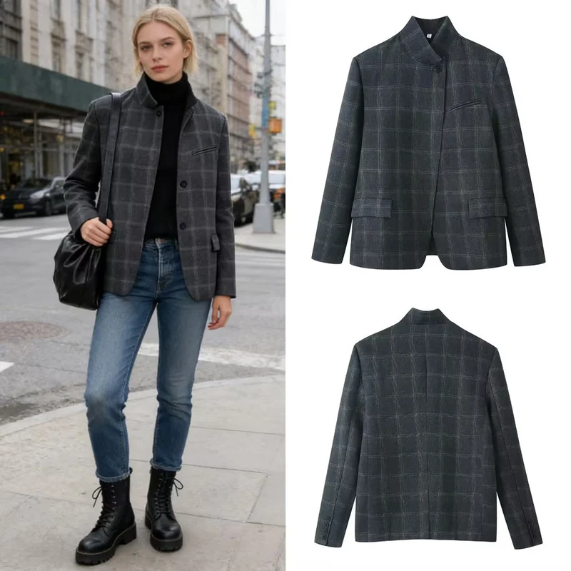 Damen Kastenblazer mit Stehkragen, asymmetrischer Ein-Knopf-Leiste und feinem Karodessin Nord Taschen