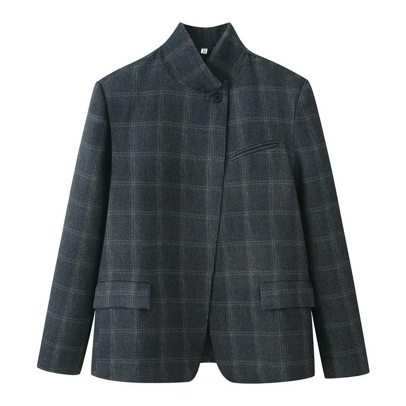 Damen Kastenblazer mit Stehkragen, asymmetrischer Ein-Knopf-Leiste und feinem Karodessin Nord Taschen