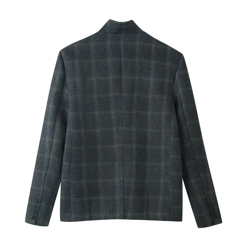 Damen Kastenblazer mit Stehkragen, asymmetrischer Ein-Knopf-Leiste und feinem Karodessin Nord Taschen