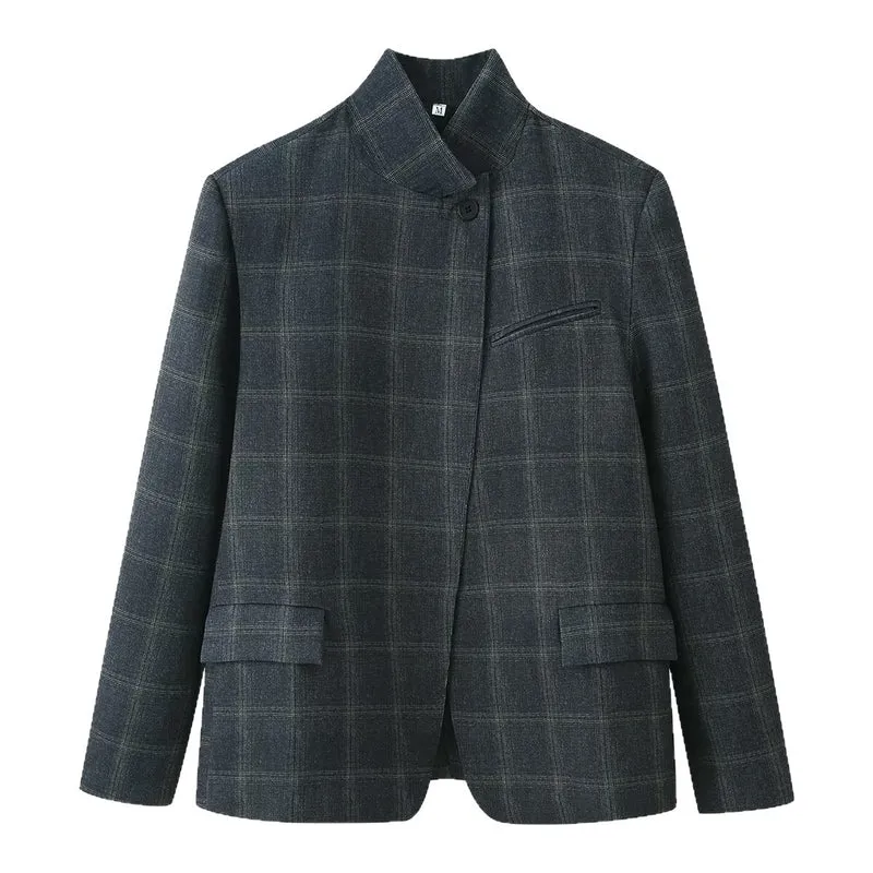 Damen Kastenblazer mit Stehkragen, asymmetrischer Ein-Knopf-Leiste und feinem Karodessin Nord Taschen
