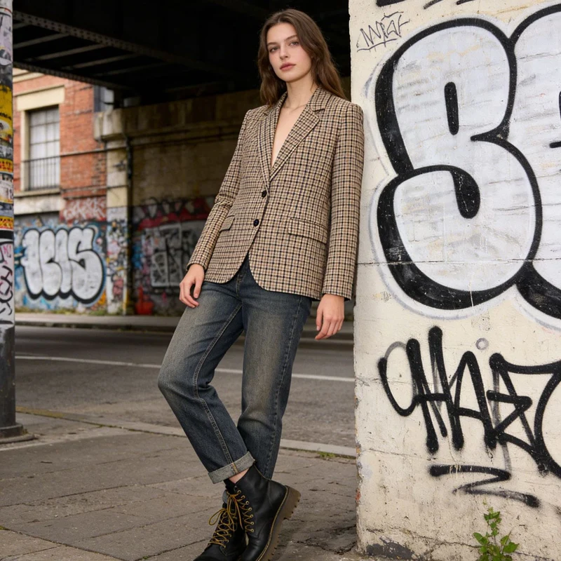Damen Karo-Sakko im modernen Tailoring mit Reverskragen, zwei-Knopf-Verschluss und gefütterten Pattentaschen Nord Taschen
