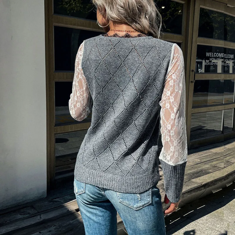 Damen Lässiger Feinstrickpullover mit Ajour‑Rautenmuster, transparenten Spitzenärmeln und gerippten Bündchen Nord Taschen