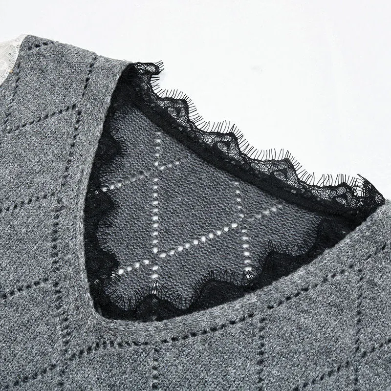 Damen Lässiger Feinstrickpullover mit Ajour‑Rautenmuster, transparenten Spitzenärmeln und gerippten Bündchen Nord Taschen