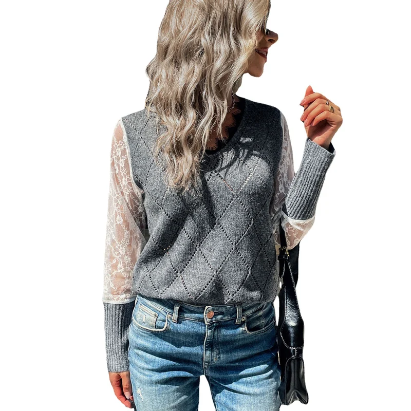 Damen Lässiger Feinstrickpullover mit Ajour‑Rautenmuster, transparenten Spitzenärmeln und gerippten Bündchen Nord Taschen