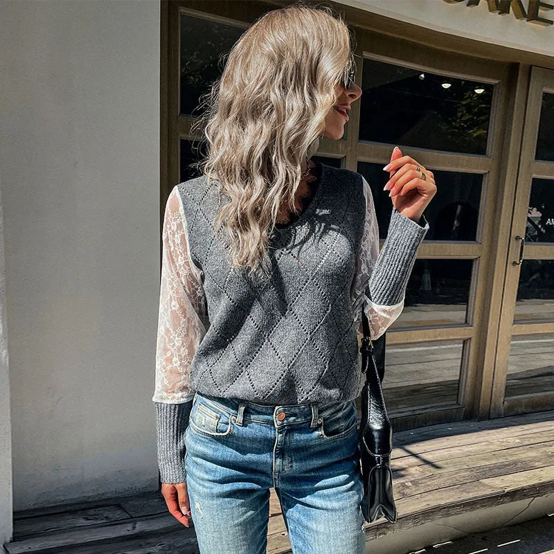 Damen Lässiger Feinstrickpullover mit Ajour‑Rautenmuster, transparenten Spitzenärmeln und gerippten Bündchen Nord Taschen